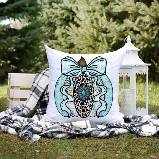 Western Turquoise & Leopard Pumpkin Throw Pillow – Rustic Fall Home Accent