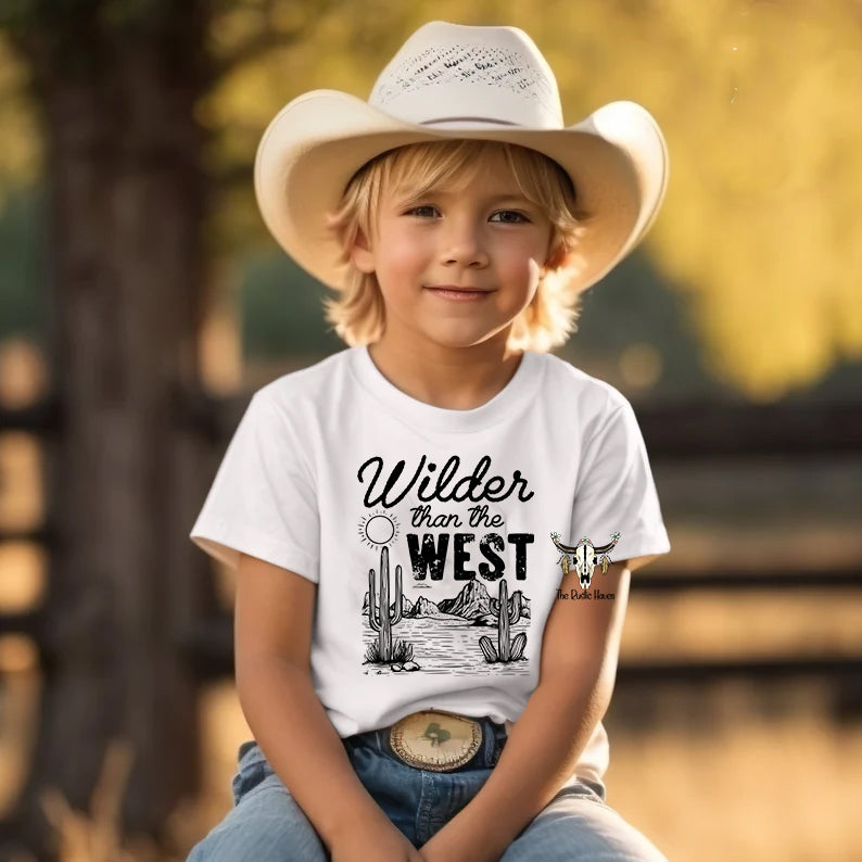 Wilder Than The West Kids T-Shirt – Western Graphic Tee for Boys or Girls | Rustic Cowboy Style
