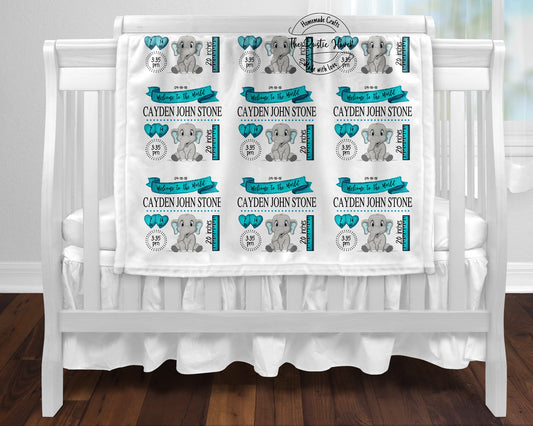 Cute Personalized Elephant Baby Boy Stat Blanket