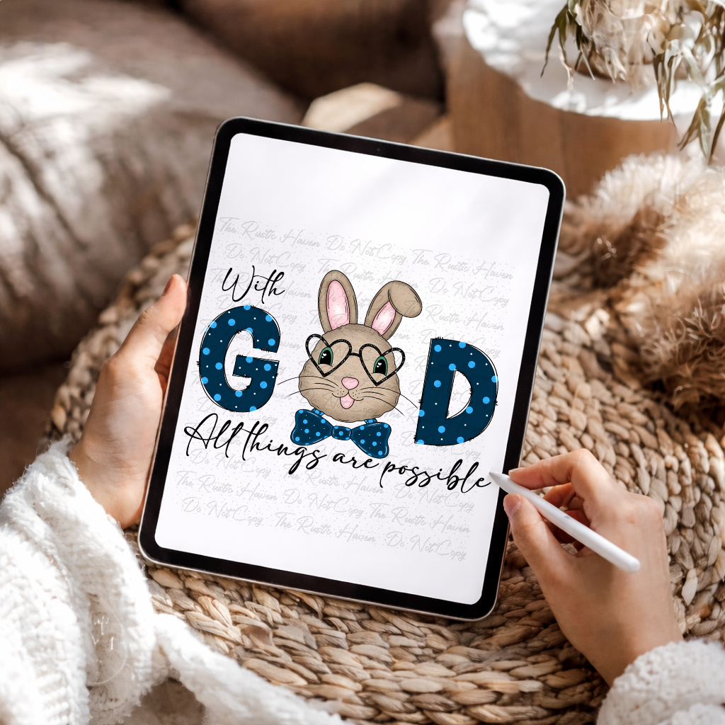Christian Bunny PNG Bundle – With God All Things Are Possible | Boy & Girl Easter Faith Design Download