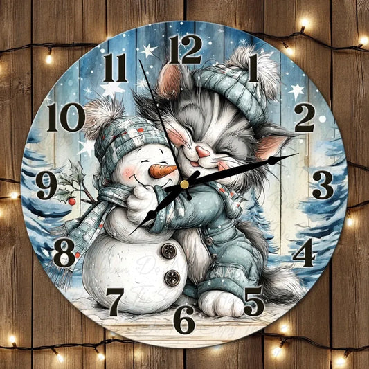 Winter Snuggle Kitty & Snowman Wall Clock – Cozy Christmas Wooden Clock Decor