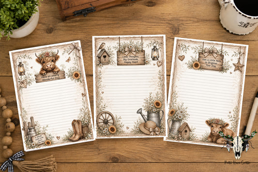 Little Thoughts & Happy Hearts Notepad Set | Rustic Farmhouse Notepads | 5x7 Notepad Bundle | 50 Sheets Each | Highland Cow Stationery