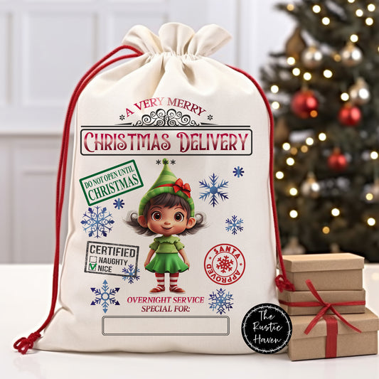 Cute Personalized girl Elf Santa Sack
