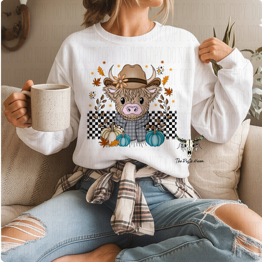 Highland Cow Fall long sleeve T-shirt – Cozy Autumn Farmhouse Pullover