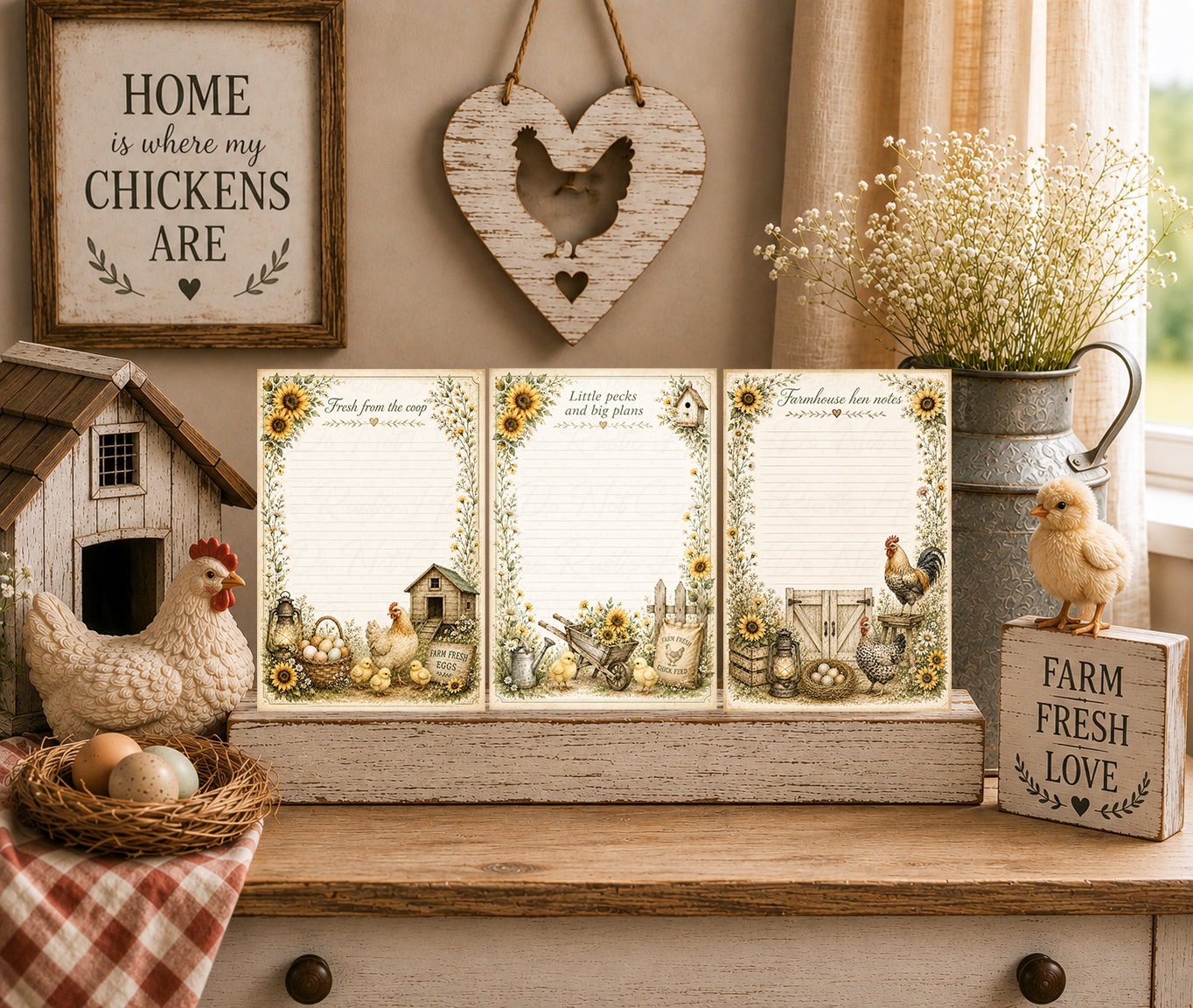 Feathered Friends Farmhouse Chicken Notepad Bundle | 3 Handmade 4x6 Notepads | Country Gift