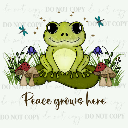 Peace Grows Here Frog PNG – Cute Cottagecore Frog Digital Download, Whimsical Nature Frog Design, Mushroom Frog Graphic