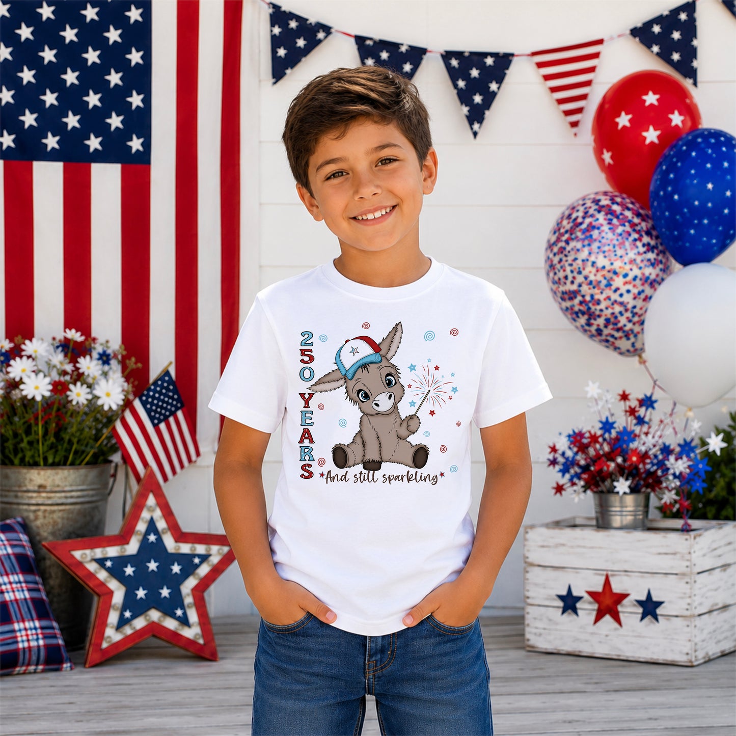 250 Years & Still Sparkling™ Patriotic Donkey Toddler/Youth T-Shirt | Girl & Boy Fourth of July Shirt | Cute Kids Independence Day Tee