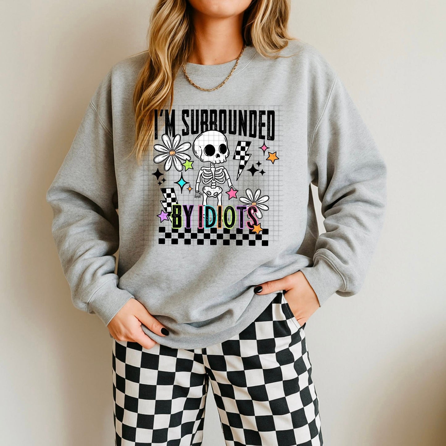 “I’m Surrounded By Idiots” Skeleton Retro Long Sleeve T-Shirt
