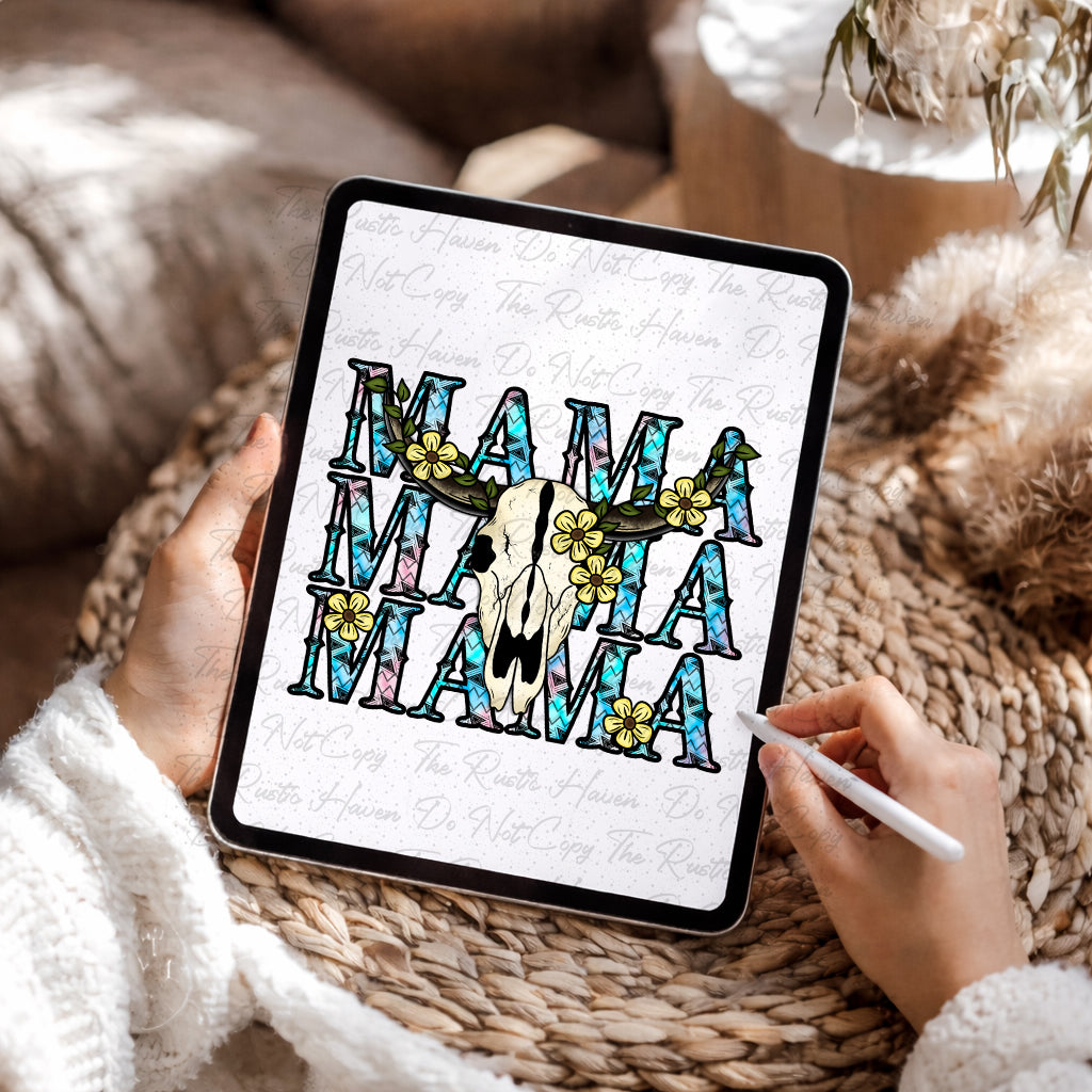 Mama Cow Skull Western PNG | Boho Floral Mama