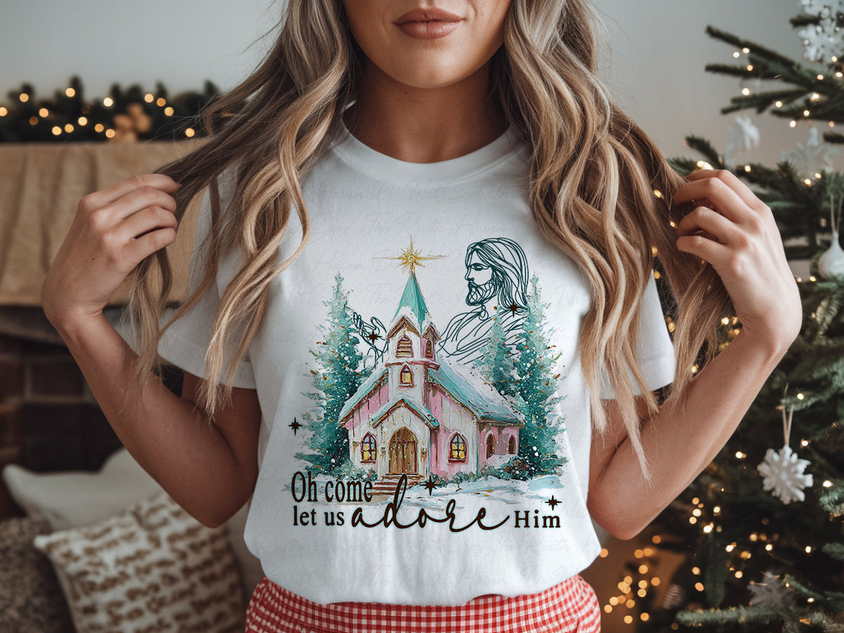 “Oh Come Let Us Adore Him” Christmas T-Shirt – Christian Holiday Shirt with Church & Jesus Design