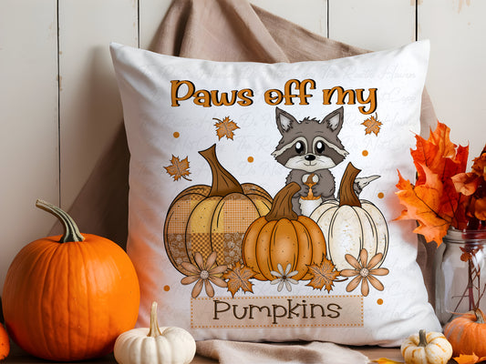 Paws Off My Pumpkins Raccoon Fall Pillow – Cozy Autumn & Thanksgiving Home Décor
