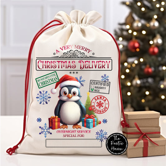 Personalized Adorable Penguin Santa Sack