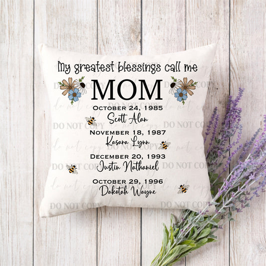 Custom Mom Pillow | Personalized Kids Names Pillow | Mother’s Day Gift | Nana Grandma Mimi Pillow | 16x16 Poly Canvas Cushion