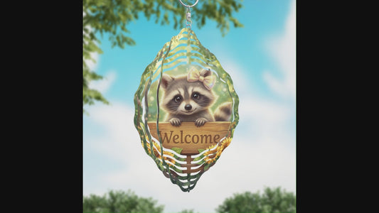 Raccoon Welcome Wind Spinner – 10” Double Sided Hanging Garden Decor – Cute Woodland Animal Outdoor Decoration