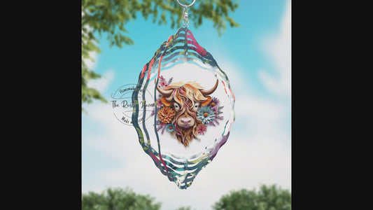 Beautiful Floral Highland Cow Wind Spinner