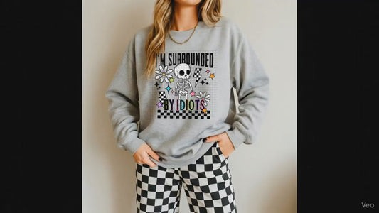 “I’m Surrounded By Idiots Skeleton Sweatshirt – Cute Retro Checkered Graphic Pullover”
