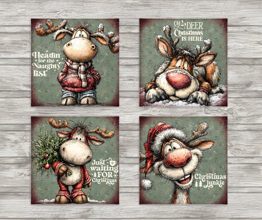 Whimsical Christmas Moose Coaster Set with Mahogany Holder – MDF – Set of 4