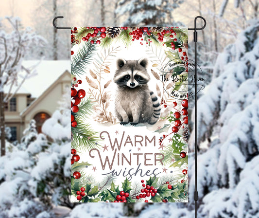 Rustic Winter Raccoon Garden Flag – “It’s the Most Wonderful Time of the Year” | 12x18 Double-Sided Holiday Yard Decor