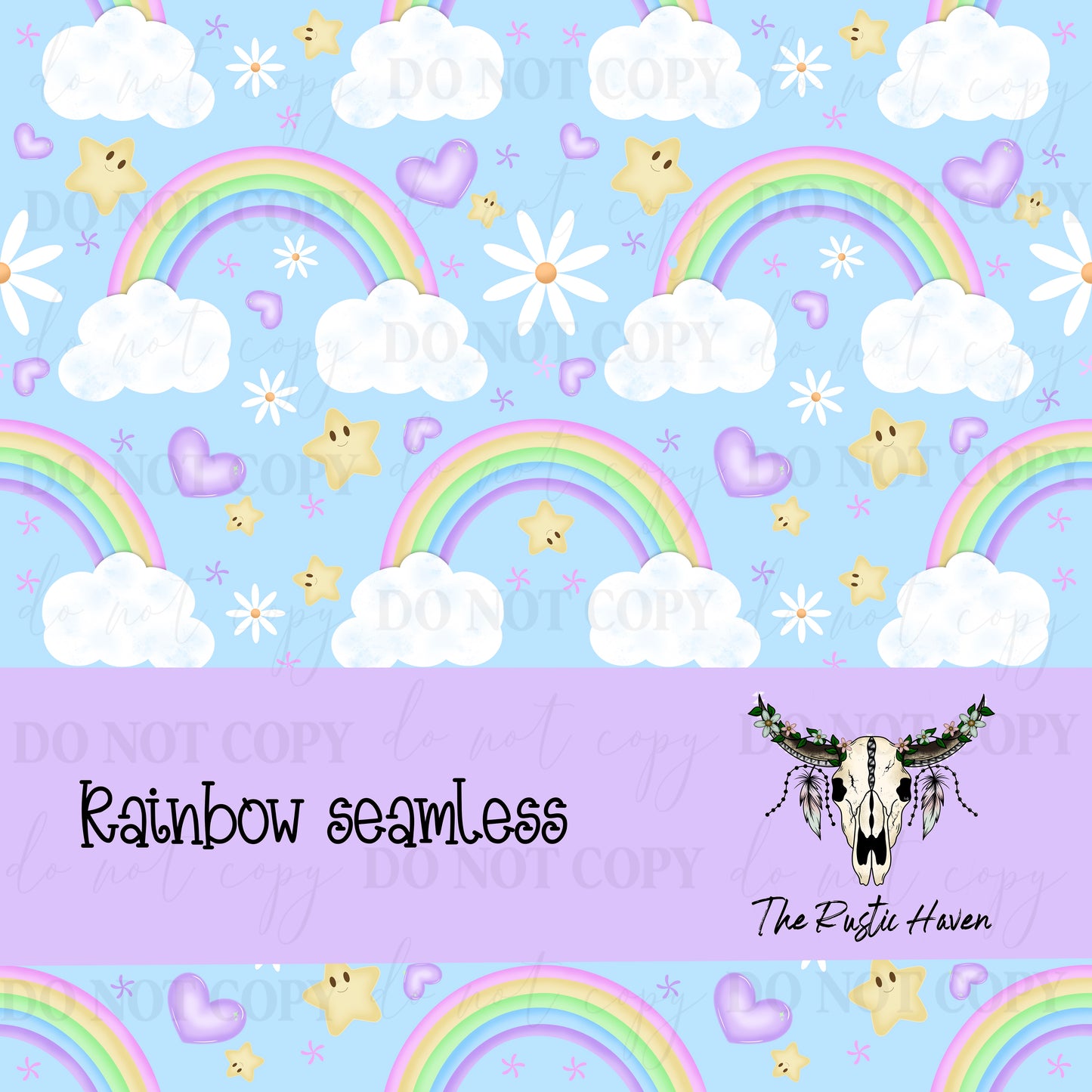 Pastel Rainbow Clouds & Stars Seamless Pattern PNG | Cute Kawaii Sky Digital Paper | Sublimation & Fabric Print Design