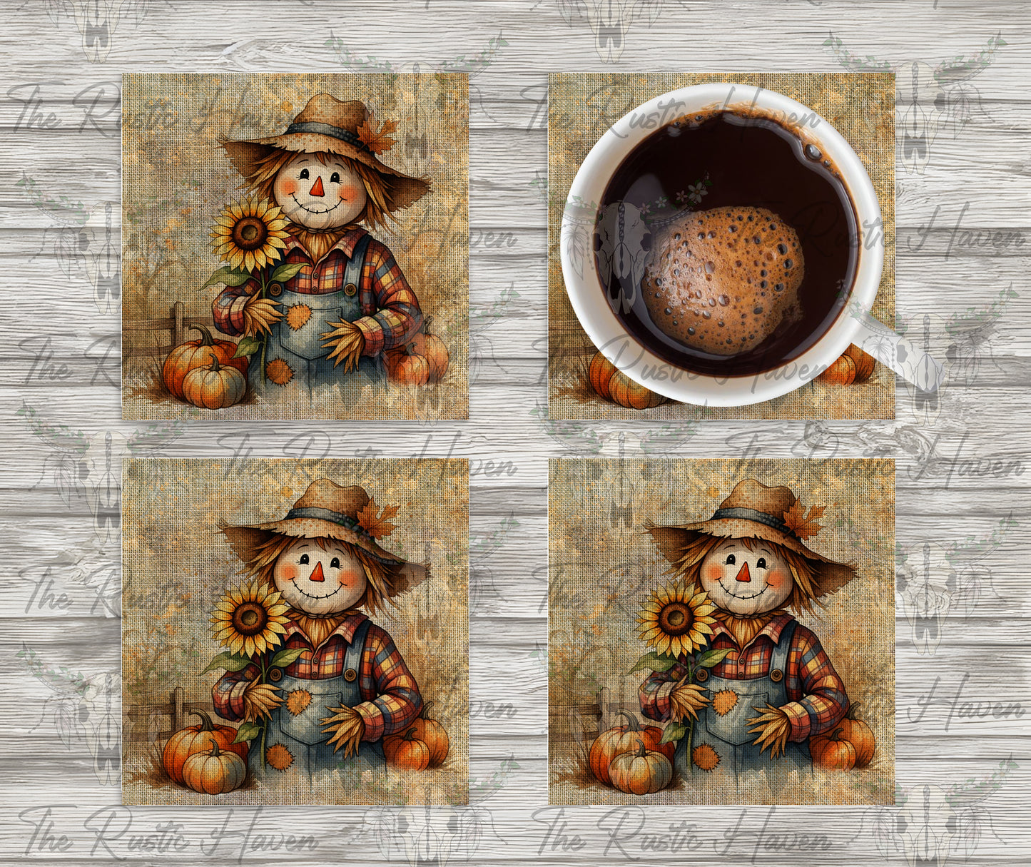 Rustic Fall Scarecrow Coaster Set of 4 – Unisub with Cork Back, Gloss Finish & Mahogany Holder