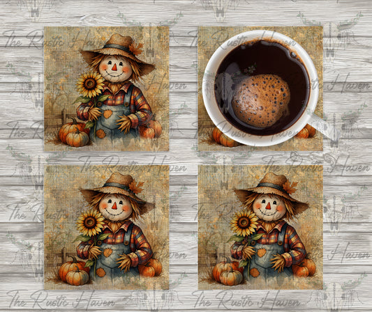 Rustic Fall Scarecrow Coaster Set of 4 – Unisub with Cork Back, Gloss Finish & Mahogany Holder