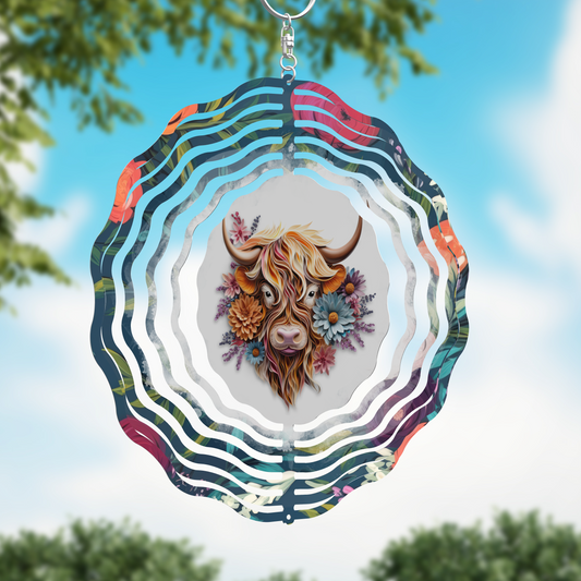 Beautiful Floral Highland Cow Wind Spinner