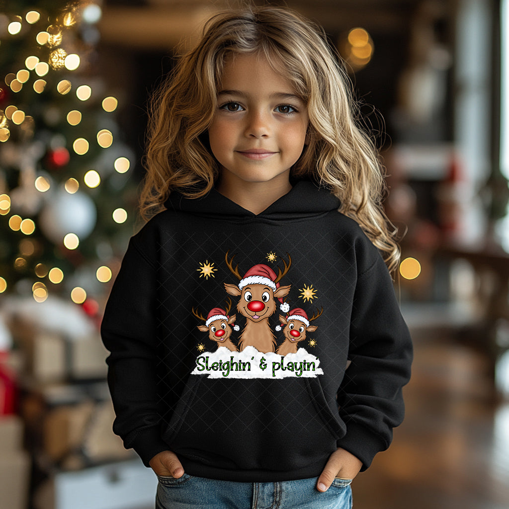 Youth “Sleighin’ & Playin’” Reindeer Holiday Hoodie