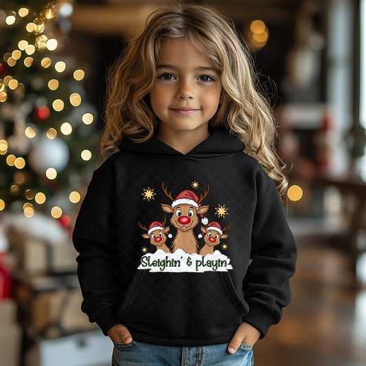 Youth “Sleighin’ & Playin’” Reindeer Holiday Hoodie