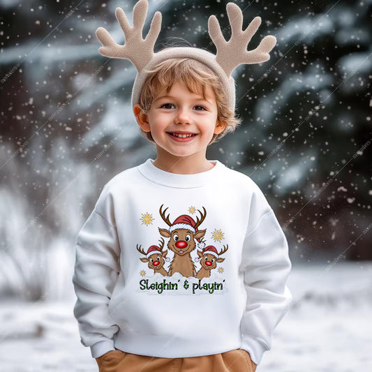 Youth “Sleighin’ & Playin’” Reindeer Holiday sweatshirt