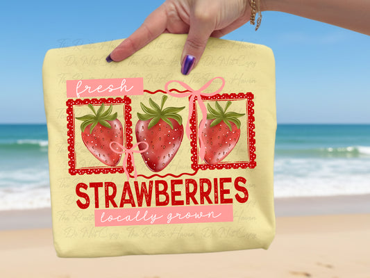 Fresh Strawberries Locally Grown Shirt | Cute Strawberry Graphic Tee | Farm Fresh Summer Shirt | Rustic Country Fruit Lover T-Shirt