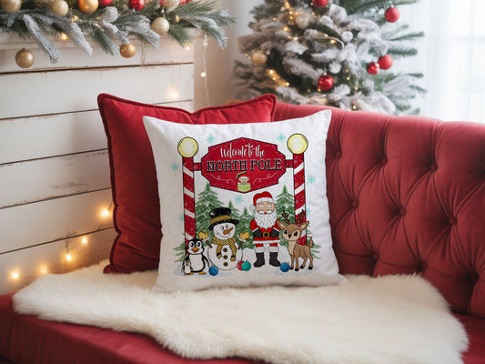 “Welcome to the North Pole” Christmas Throw Pillow – 16x16 Festive Holiday Decor